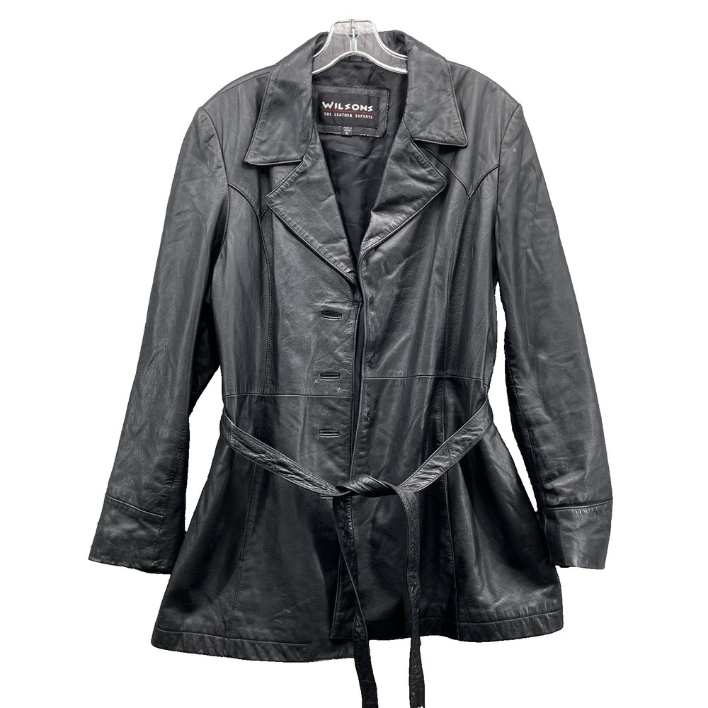 Wilsons 100% Leather Coat Women's XL Black Belted Avant-Garde 90s Corpcore Biker